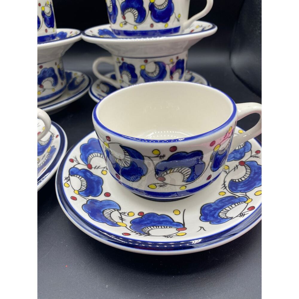 Set of 6 Vtg Buffalo China Large Cup & Saucer Restaurant Ware Blue Plumes Dots - Picture 4 of 6